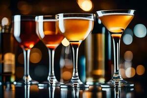 a row of glasses with different types of alcohol. AI-Generated photo