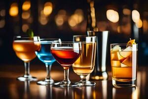 a group of different alcoholic drinks on a bar. AI-Generated photo