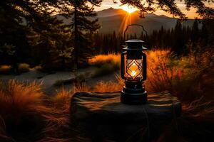 a lantern is lit up in the middle of a forest. AI-Generated photo