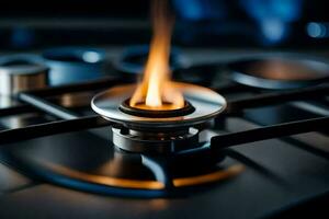 a gas burner on a stove top with flames. AI-Generated photo