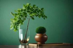 a small plant in a glass vase on a wooden tray. AI-Generated photo