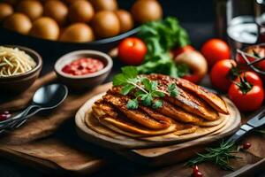 grilled chicken with vegetables and tomatoes on a wooden cutting board. AI-Generated photo