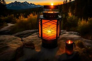 a lantern is lit on a rock in front of a mountain. AI-Generated photo