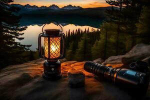 a lantern and camera on a rock near a lake. AI-Generated photo