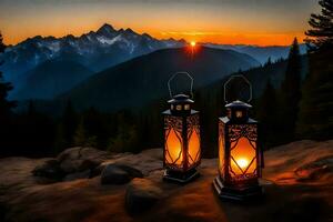 the lanterns are lit at sunset in the mountains. AI-Generated photo