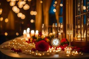 a table with candles and a clock on it. AI-Generated photo