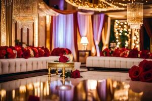 a wedding reception with red roses and white couches. AI-Generated photo