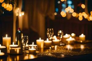 candles and wine glasses on a table at night. AI-Generated photo