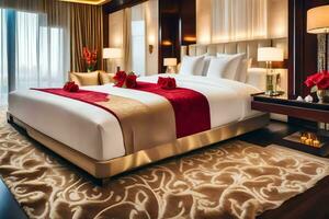 a large bed with red and white decor in a hotel room. AI-Generated photo