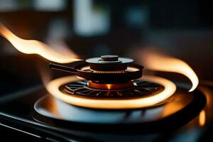 a close up of a gas stove with flames. AI-Generated photo