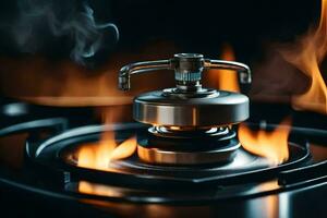 a gas burner on a stove with flames. AI-Generated photo
