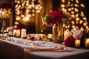 a table with candles and flowers in a gold vase. AI-Generated photo