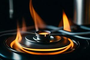 a close up of a gas burner with flames. AI-Generated photo