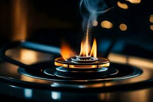 a gas stove with flames coming out of it. AI-Generated photo