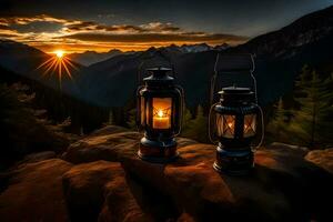 two lanterns on a mountain at sunset. AI-Generated photo