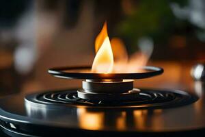 a flame on a stove top with a black background. AI-Generated photo