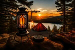 a lantern and a tent are on top of a mountain at sunset. AI-Generated photo