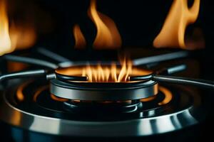 a close up of a gas stove with flames. AI-Generated photo