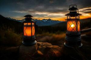 two lanterns sit on top of a mountain at sunset. AI-Generated photo