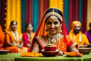 indio novia en tradicional atuendo. generado por ai foto