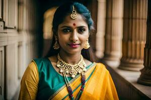 a beautiful indian woman wearing a yellow sari and gold jewelry. AI-Generated photo