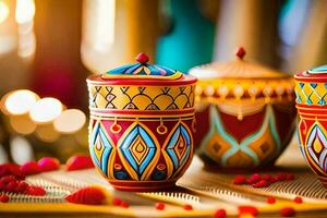 three colorful ceramic jars with designs on them. AI-Generated photo