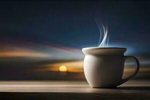 un taza de café en un mesa con un puesta de sol en el antecedentes. generado por ai foto