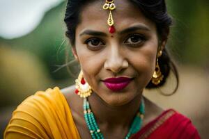 a woman wearing traditional jewelry and a red sari. AI-Generated photo