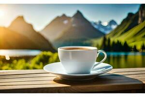 a cup of coffee on a wooden table in front of a lake. AI-Generated photo