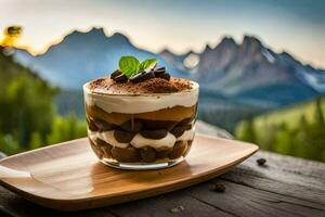 a dessert with coffee and chocolate on a wooden plate. AI-Generated photo