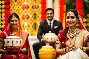 a bride and groom sit in front of a pot. AI-Generated photo