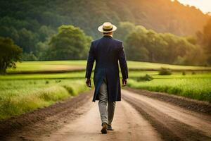 un hombre en un traje y sombrero caminando abajo un suciedad la carretera. generado por ai foto