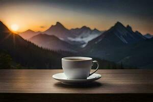 a cup of coffee on a table in front of mountains. AI-Generated photo