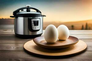 two eggs on a plate next to an instant pot. AI-Generated photo