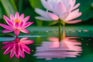 two pink lotus flowers are reflected in the water. AI-Generated photo