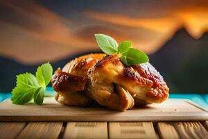 chicken on a wooden cutting board with a sunset in the background. AI-Generated photo