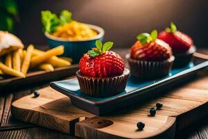 three strawberries and french fries on a wooden table. AI-Generated photo