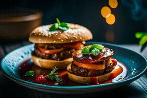 two hamburgers with sauce on a plate. AI-Generated photo