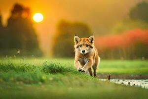 a wolf cub running in the field at sunset. AI-Generated photo