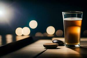 a glass of beer on a wooden table. AI-Generated photo