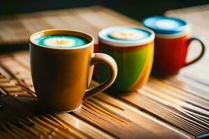 Tres vistoso café tazas en un de madera mesa. generado por ai foto