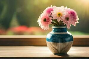 a vase with pink flowers sitting on a table. AI-Generated photo