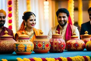 un Pareja y su amigos son sonriente a el mesa. generado por ai foto