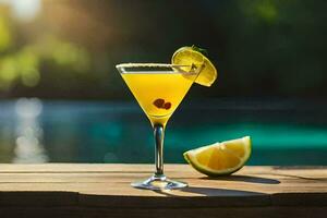 cocktail on the poolside table. AI-Generated photo