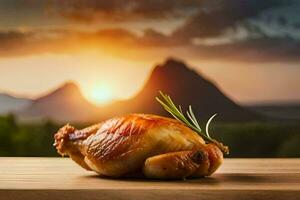 chicken on the table with mountains in the background. AI-Generated photo