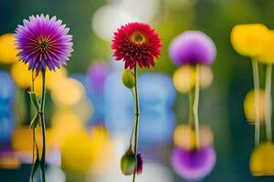 three colorful flowers are reflected in water. AI-Generated photo