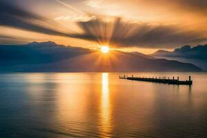 the sun rises over a pier in the water. AI-Generated photo