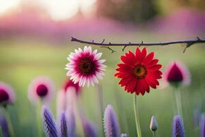 dos rojo flores son sentado en un rama en un campo. generado por ai foto