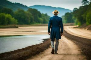 a man in a blue suit and hat walks down a dirt road. AI-Generated photo