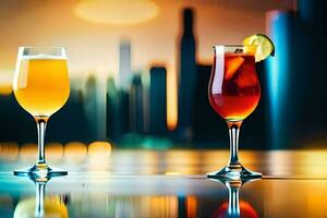 two glasses of alcohol are sitting on a table in front of a city skyline. AI-Generated photo